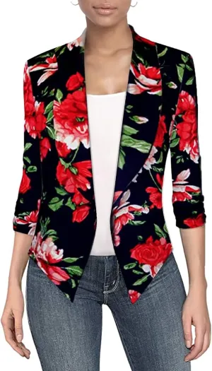 Hybrid & Company Women's Casual Work Office Blazer Jacket Open Front Shawl with 3/4 Scrunch Sleeves