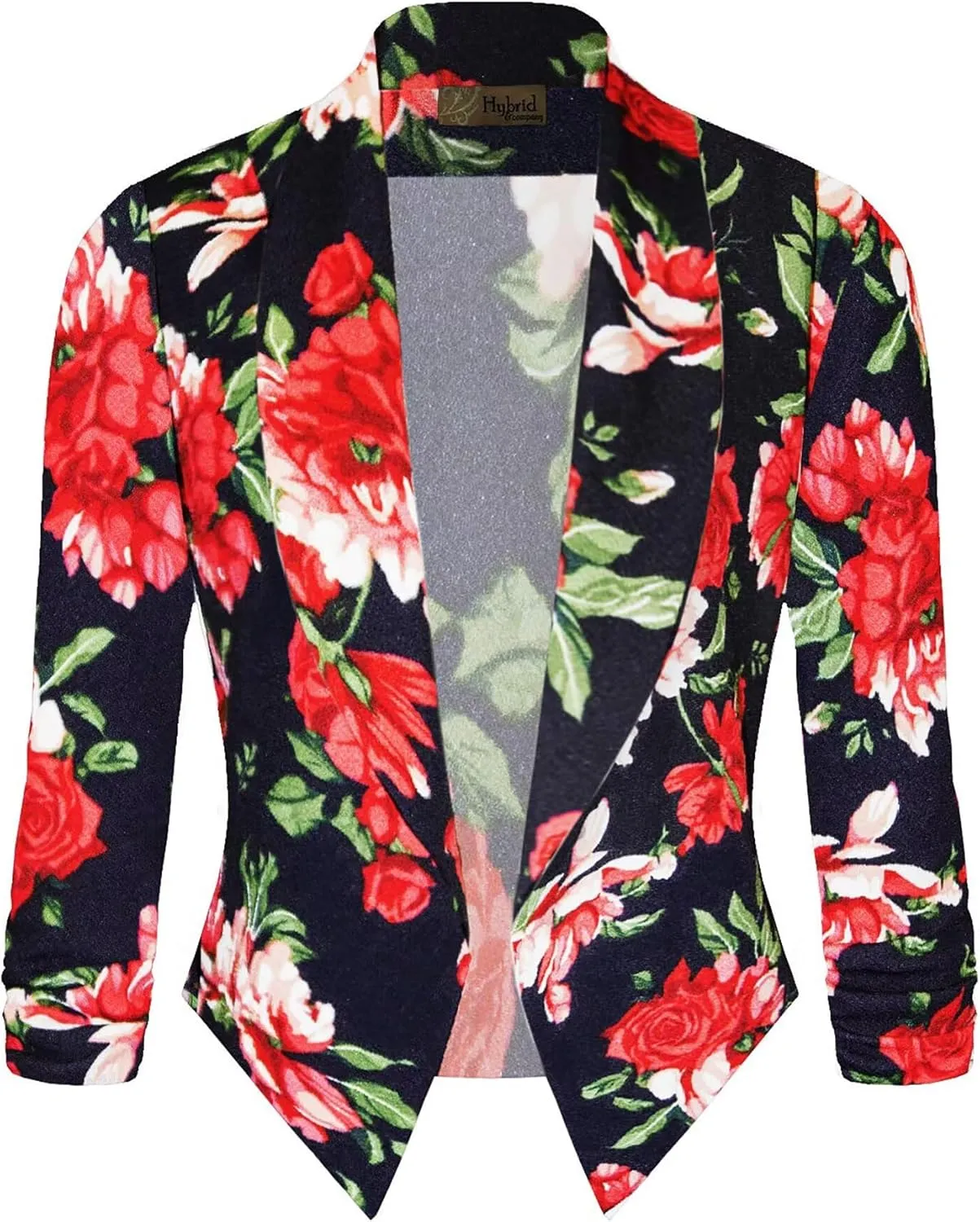 Hybrid & Company Women's Casual Work Office Blazer Jacket Open Front Shawl with 3/4 Scrunch Sleeves