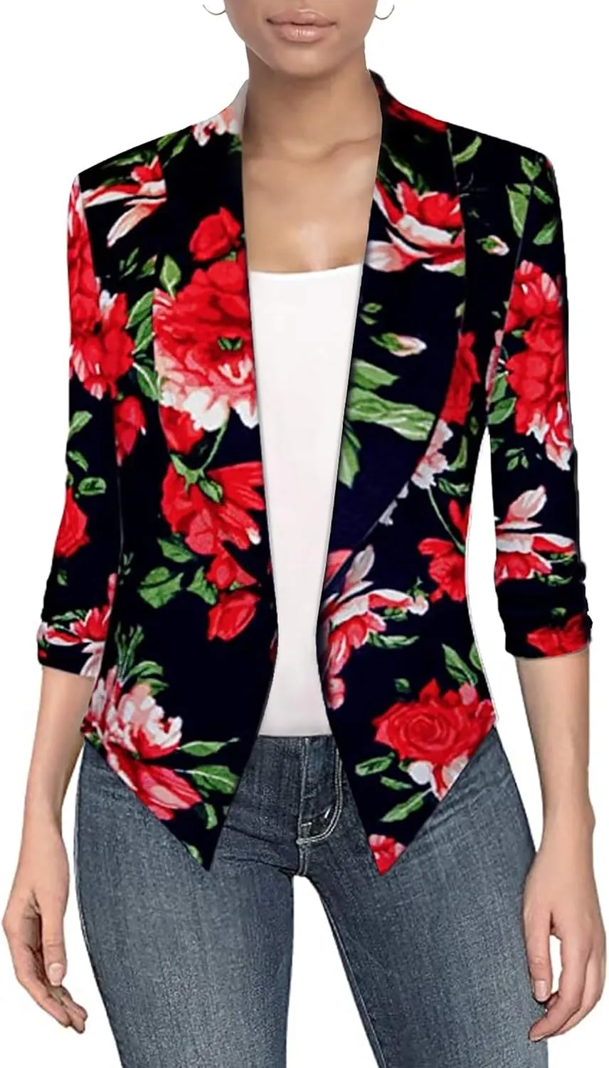 Hybrid & Company Women's Casual Work Office Blazer Jacket Open Front Shawl with 3/4 Scrunch Sleeves