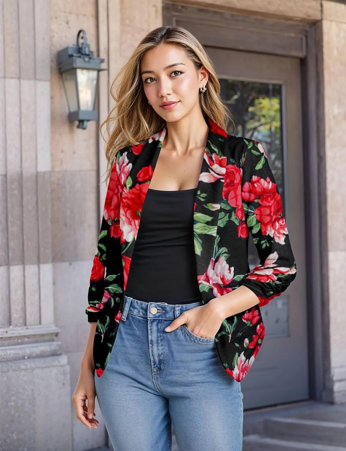 Hybrid & Company Women's Casual Work Office Blazer Jacket Open Front Shawl with 3/4 Scrunch Sleeves