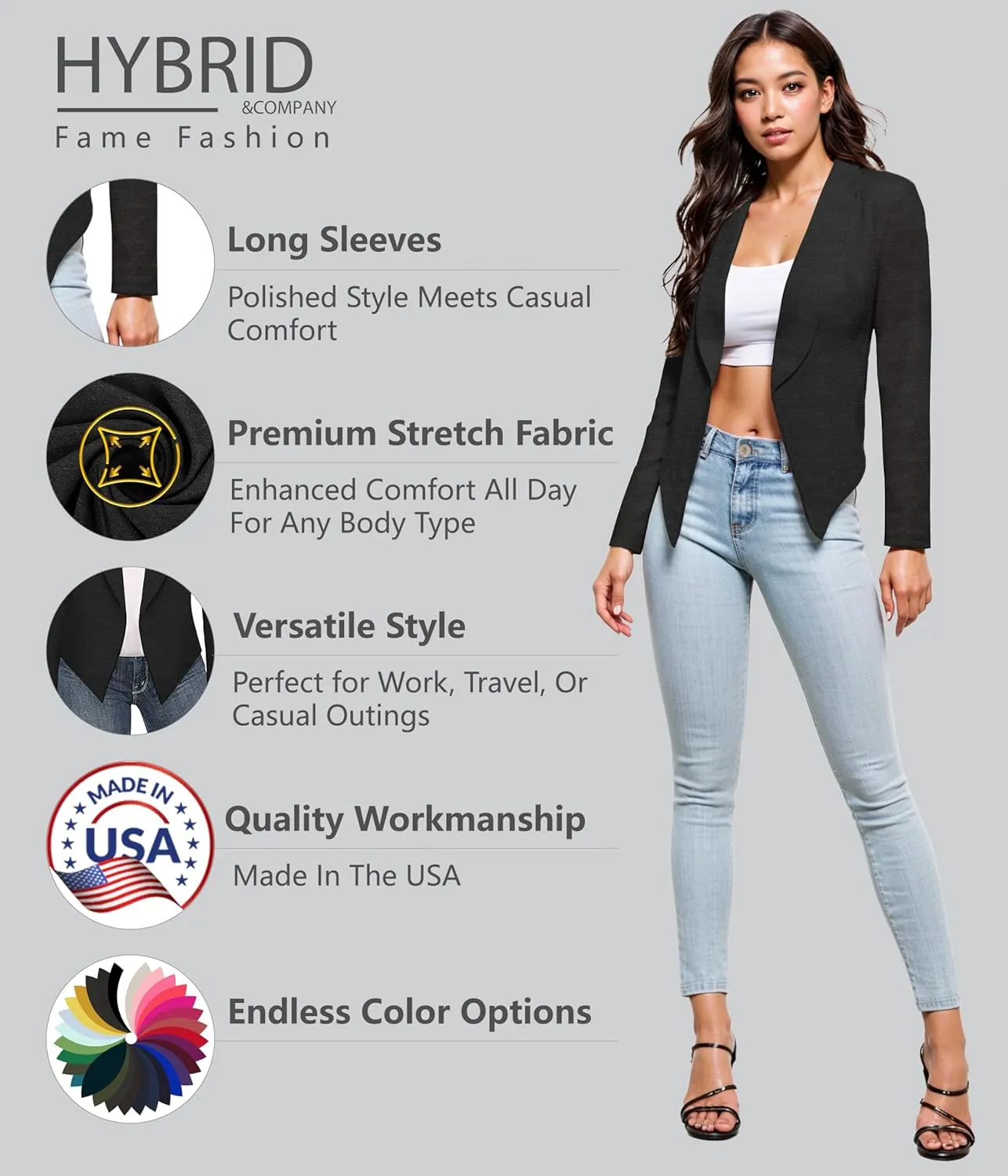 Hybrid & Company Womens Casual Work Office Blazer Open Front Heavy Ponti Shawl Collar Long Sleeve Jacket