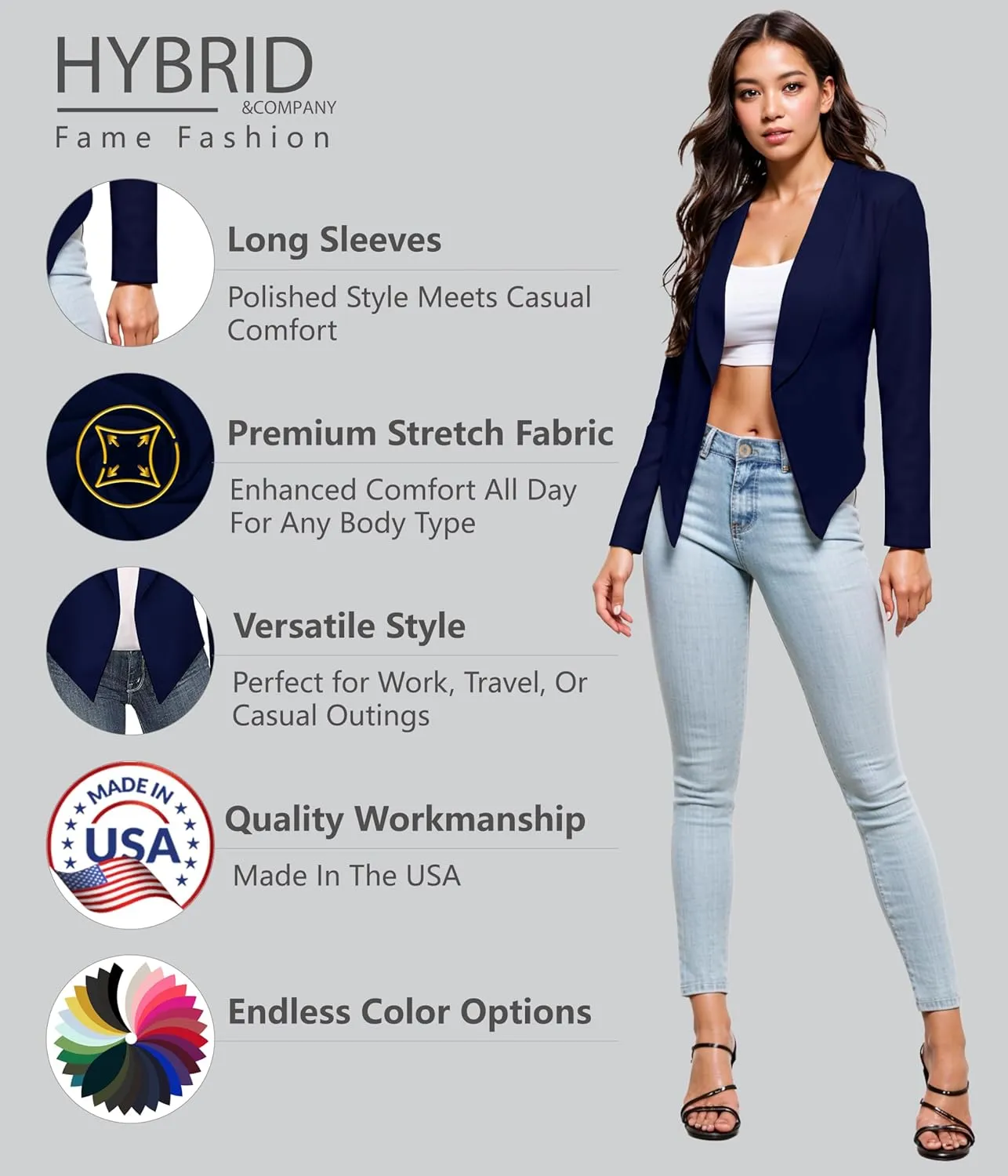 Hybrid & Company Womens Casual Work Office Blazer Open Front Heavy Ponti Shawl Collar Long Sleeve Jacket