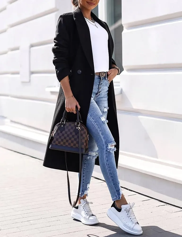 IDEALSANXUN Long Wool Coats for Women Fall Winter Trench Coat Peacoat Double Breasted Blazer Jackets Overcoat