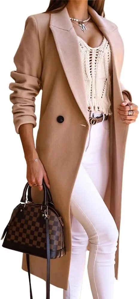 IDEALSANXUN Long Wool Coats for Women Fall Winter Trench Coat Peacoat Double Breasted Blazer Jackets Overcoat