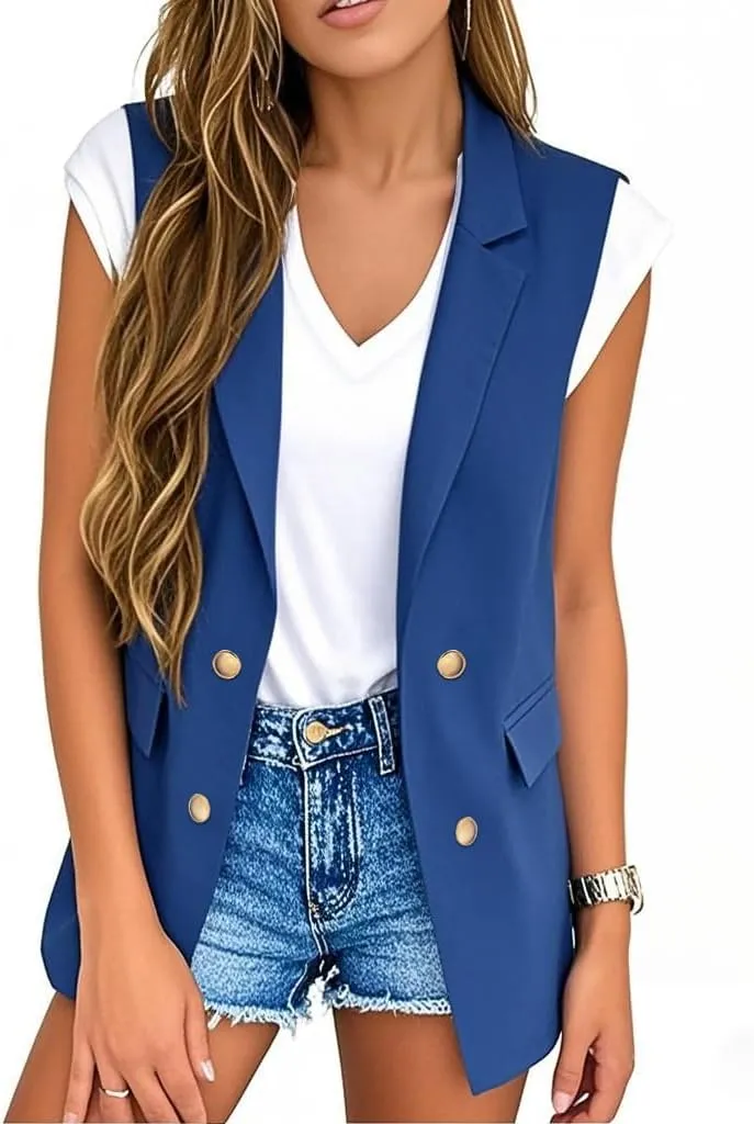 IDEALSANXUN Womens Double Breasted Vest Tops Sleeveless Blazer Spring Summer Suit Jackets