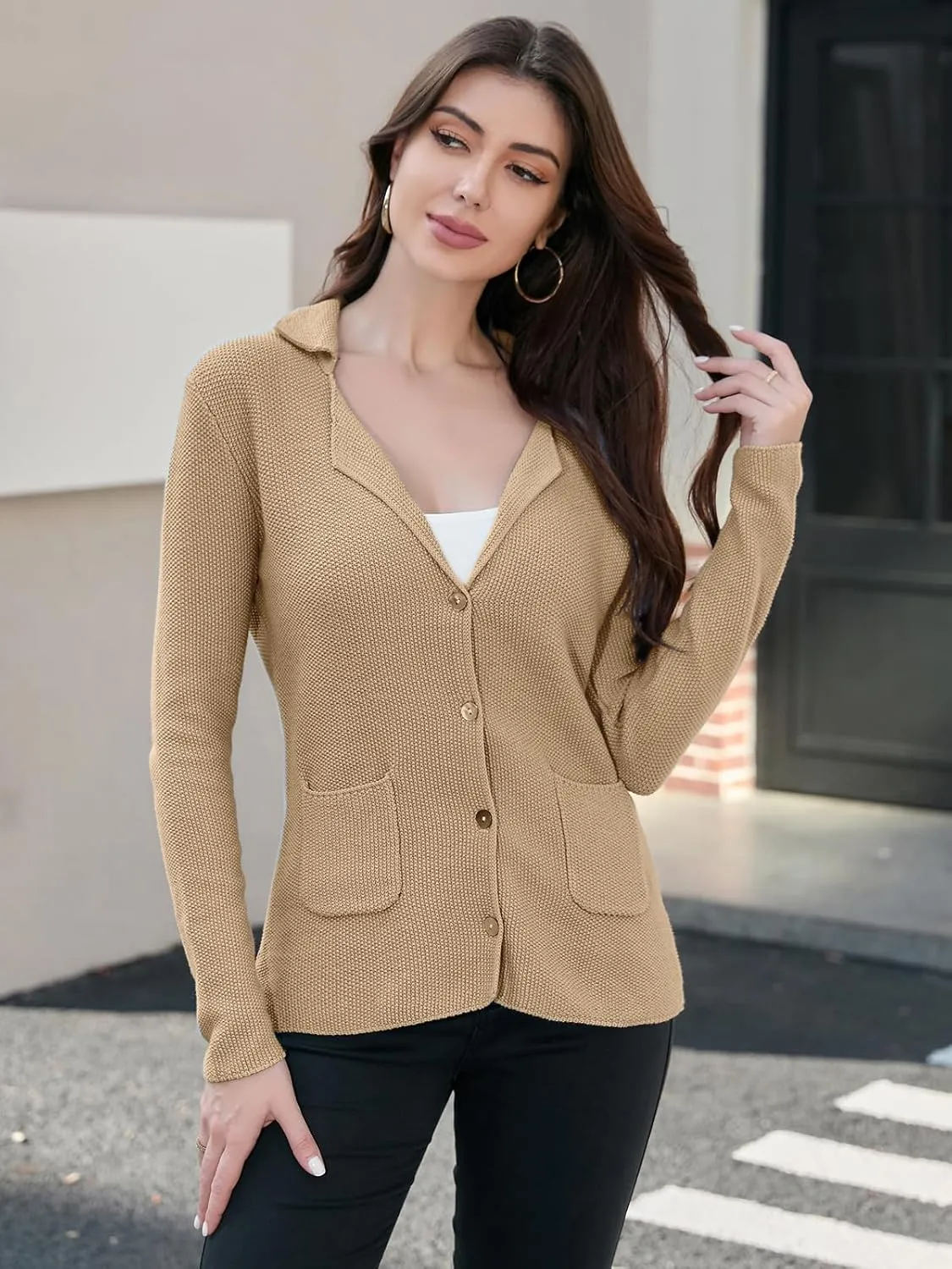 IDEALSANXUN Womens Knit Blazer Casual Lightweight Spring Fall Sweater Jackets Cardigan Coat