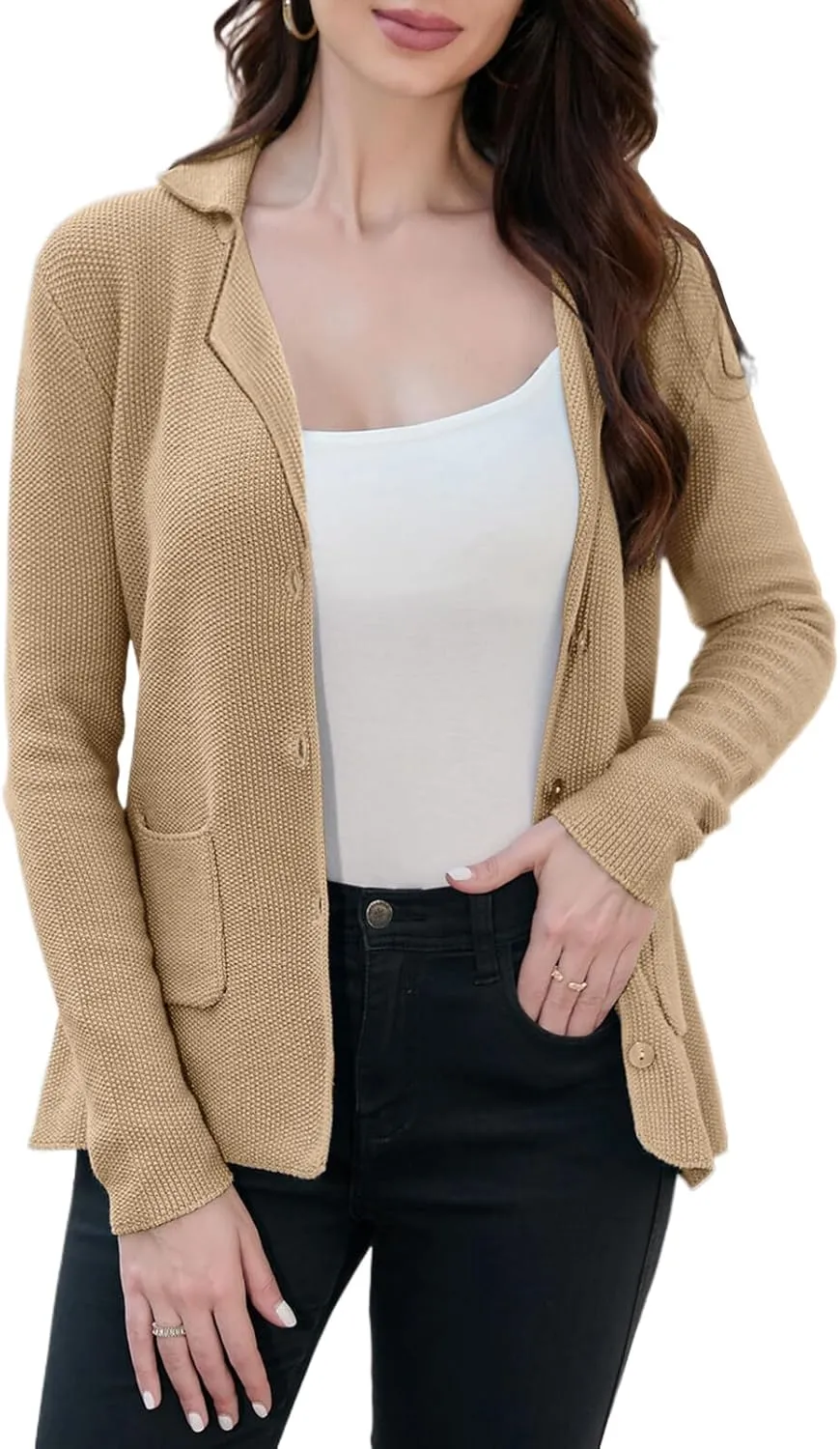IDEALSANXUN Womens Knit Blazer Casual Lightweight Spring Fall Sweater Jackets Cardigan Coat