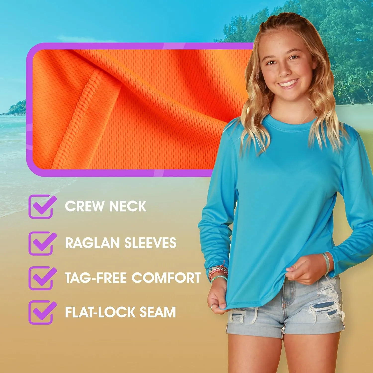 INGEAR Girls Long Sleeve Rash Guard Swim Shirt Outdoor Sports Shirt Lightweight Athletic Tee Protective