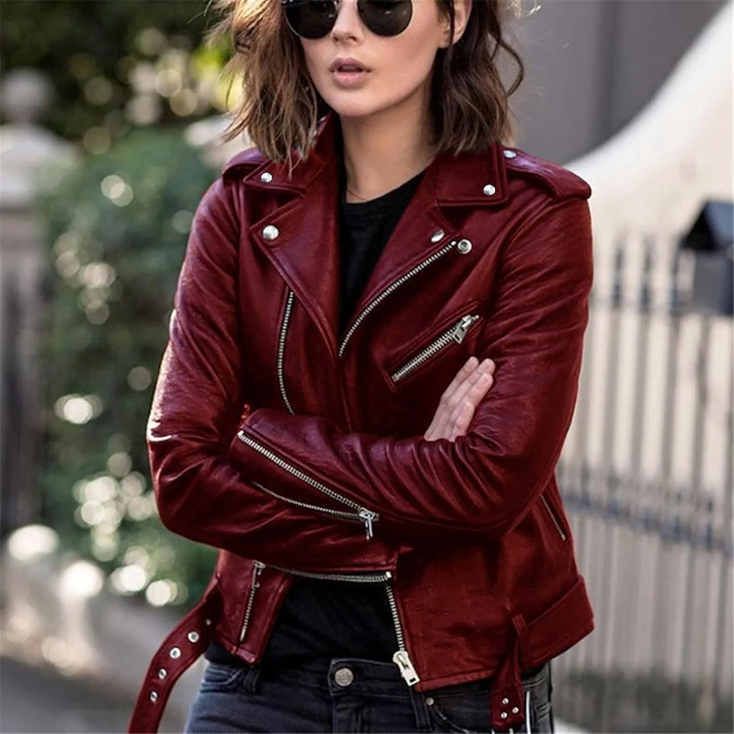 Jacket for Women's Faux Leather Cool Cropped Coat Fashion Fall Long Sleeve Zipper Slim Fitted Short Coat Jacket