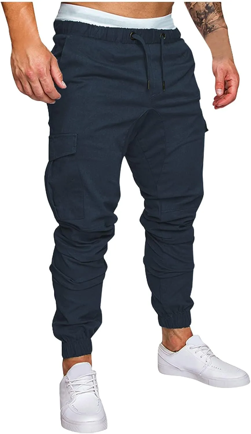 Jogger Pants for Men Slim Fit Elastic Waist Athletic Workout Cargo Sweatpants Drawstring Casual Pants Pockets