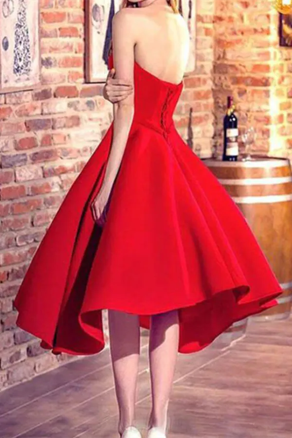 Kateprom Chic A line Sweetheart Red Pretty Satin Prom Dress High Low Evening Party Dress KPH0605