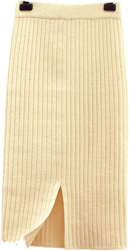 KEHAIOO Women's Autumn Pencil Knitted Skirt High Waist Warm Elegant Knitting Ribbed Winter Party Skirts