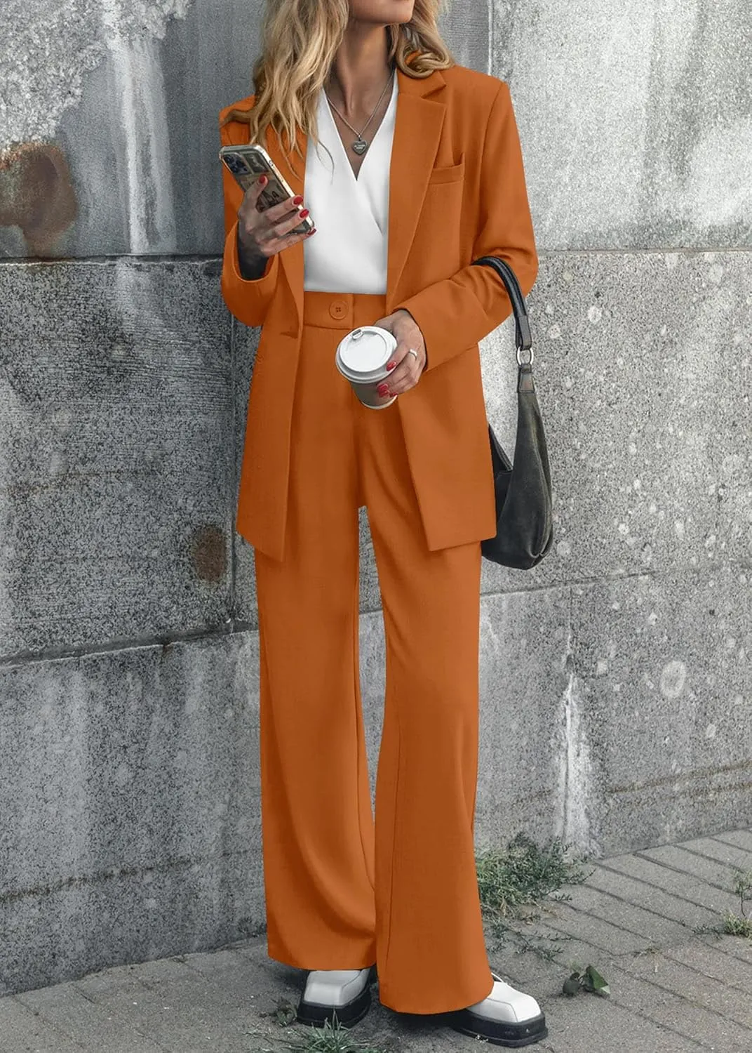 KIRUNDO Women's 2025 Spring Fall 2 Piece Blazer Set Casual Loose Long Blazer Jackets and Dressy Wide Leg Pant Suits Pockets