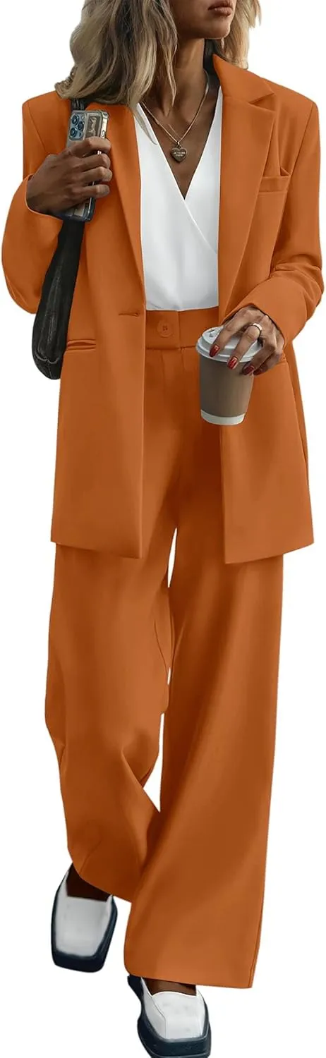 KIRUNDO Women's 2025 Spring Fall 2 Piece Blazer Set Casual Loose Long Blazer Jackets and Dressy Wide Leg Pant Suits Pockets