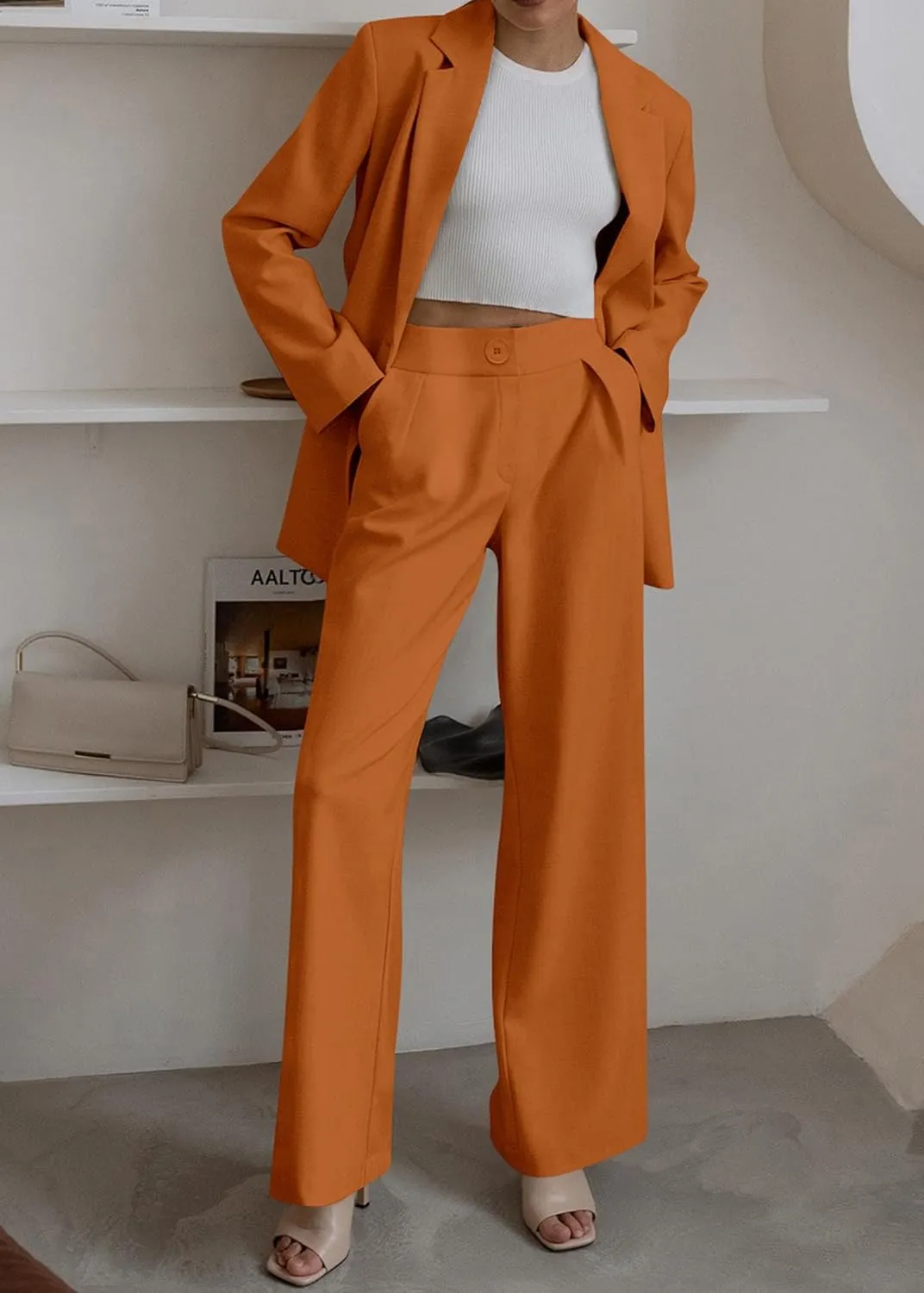 KIRUNDO Women's 2025 Spring Fall 2 Piece Blazer Set Casual Loose Long Blazer Jackets and Dressy Wide Leg Pant Suits Pockets