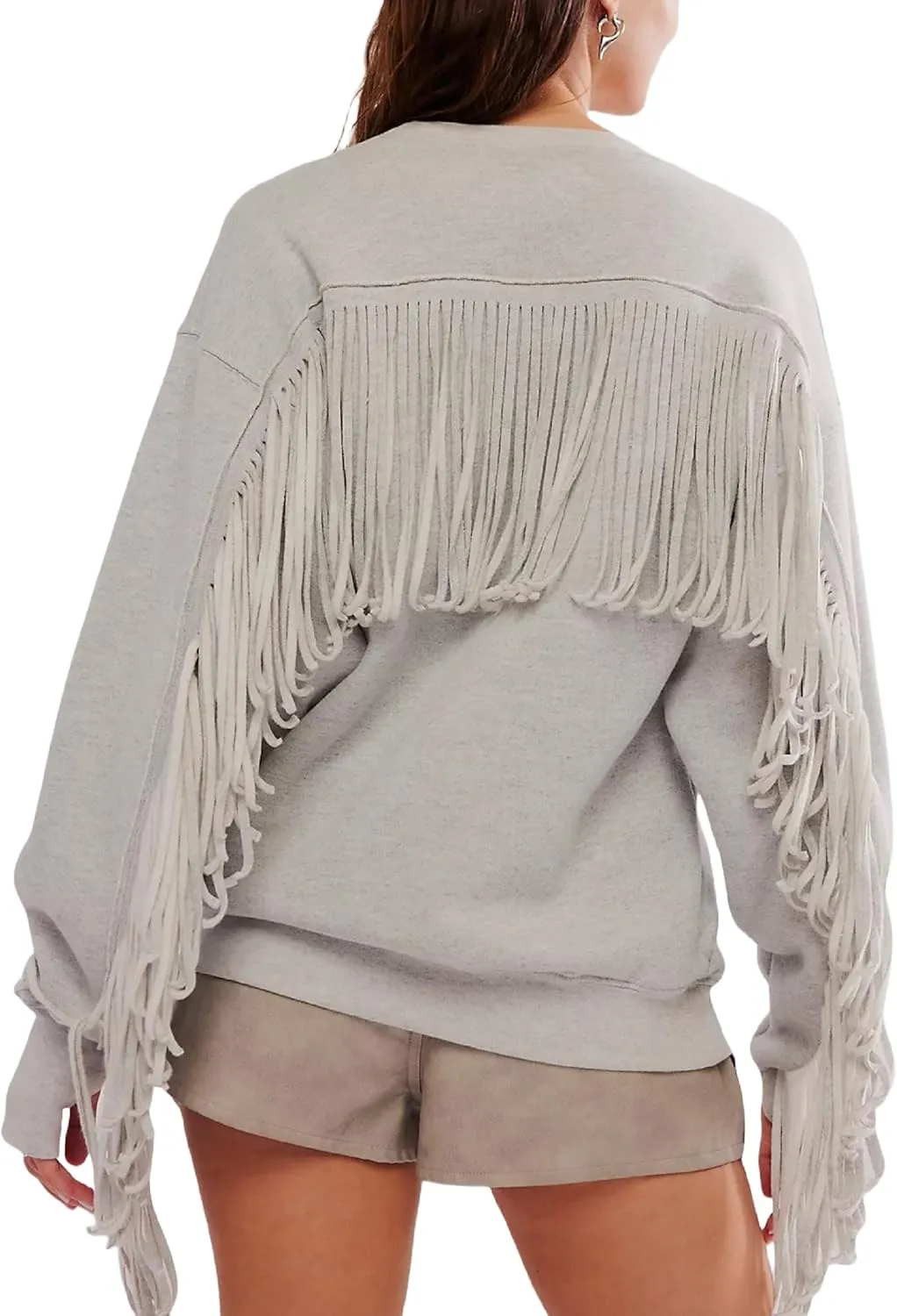 KMBANGI Women Oversized Tassel Sweatshirt Fringe Trim Long Sleeve Crewneck Pullover Top Fall Fashion Casual Loose Shirts
