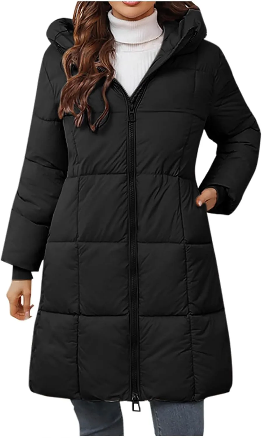 Knee Length Puffer Coat Women Winter Down Coats Full Zip Long-Sleeve Hooded Warm Quilted Jackets with Pockets