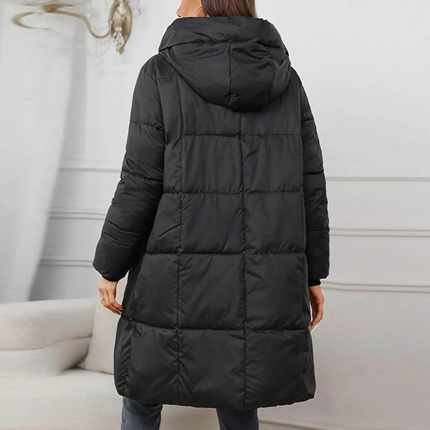 Knee Length Puffer Coat Women Winter Down Coats Full Zip Long-Sleeve Hooded Warm Quilted Jackets with Pockets