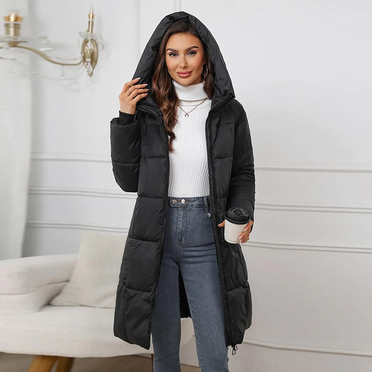 Knee Length Puffer Coat Women Winter Down Coats Full Zip Long-Sleeve Hooded Warm Quilted Jackets with Pockets