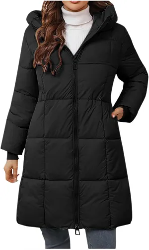 Knee Length Puffer Coat Women Winter Down Coats Full Zip Long-Sleeve Hooded Warm Quilted Jackets with Pockets