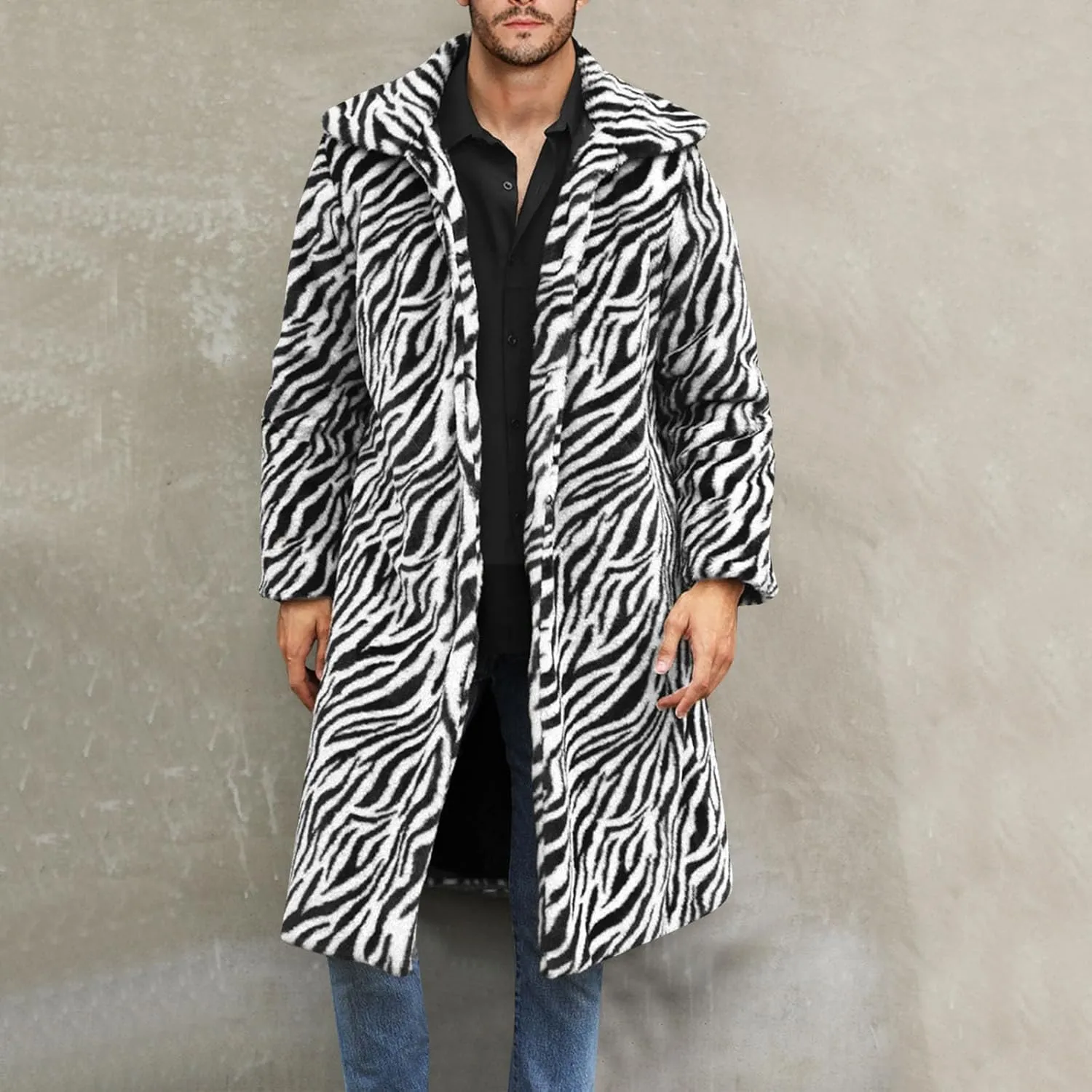 Leopard Print Faux Fur Coat Men Fuzzy Fleece Cardigan Winter Open Front Jacket Warm Overcoat Plus Size Outwear