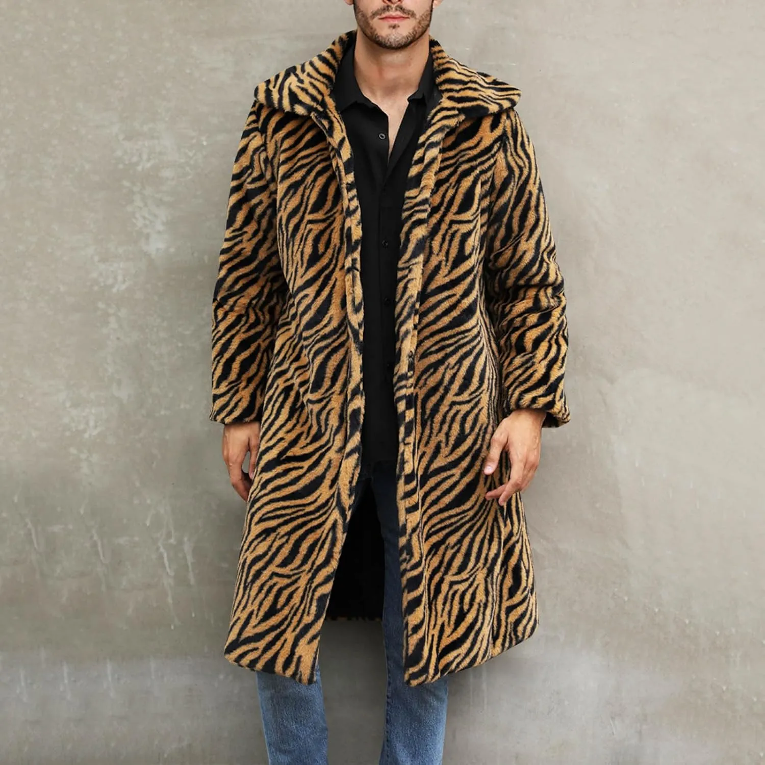 Leopard Print Faux Fur Coat Men Fuzzy Fleece Cardigan Winter Open Front Jacket Warm Overcoat Plus Size Outwear