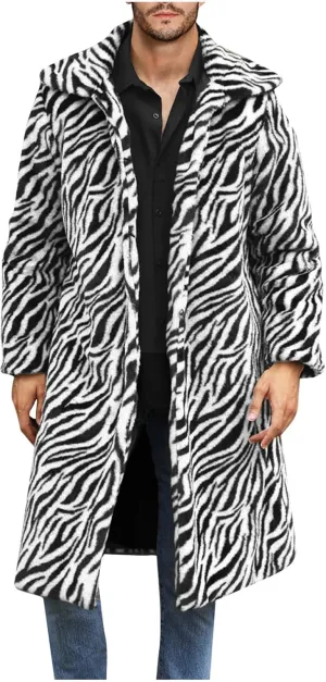 Leopard Print Faux Fur Coat Men Fuzzy Fleece Cardigan Winter Open Front Jacket Warm Overcoat Plus Size Outwear