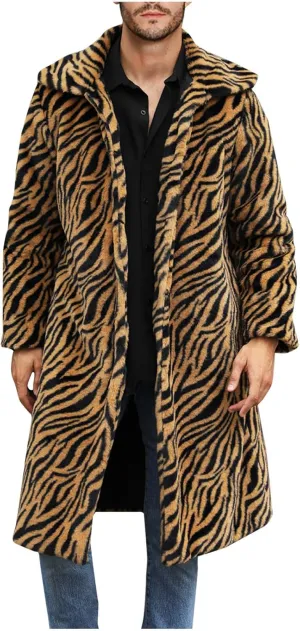 Leopard Print Faux Fur Coat Men Fuzzy Fleece Cardigan Winter Open Front Jacket Warm Overcoat Plus Size Outwear