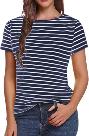 LilyCoco Women's Short Sleeve Striped Shirt Summer Crewneck T Shirt Basic Tops
