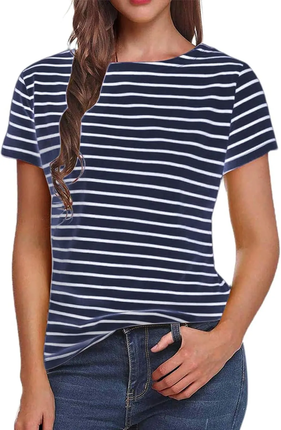 LilyCoco Women's Short Sleeve Striped Shirt Summer Crewneck T Shirt Basic Tops