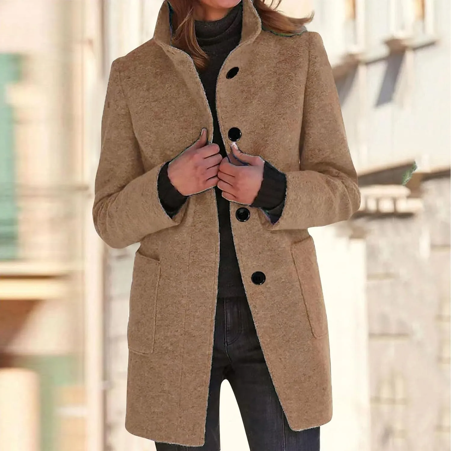 Long Wool Coats Women Thicken Wool Blend Stand Collar Single Breasted Pea Jacket Cute Winter Peacoat