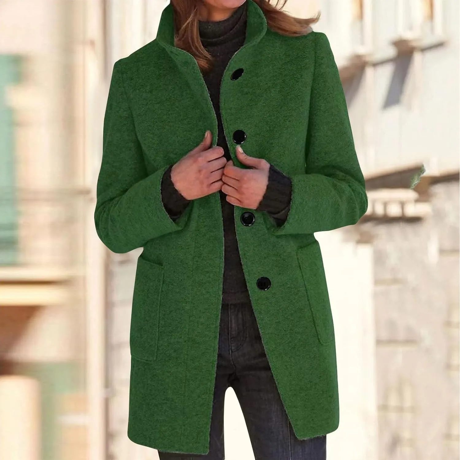 Long Wool Coats Women Thicken Wool Blend Stand Collar Single Breasted Pea Jacket Cute Winter Peacoat