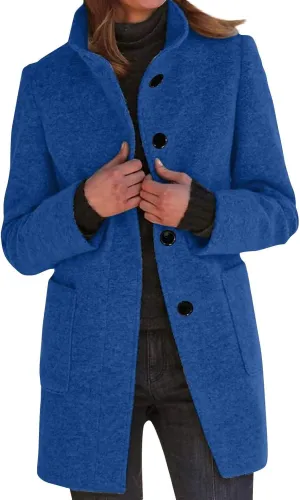 Long Wool Coats Women Thicken Wool Blend Stand Collar Single Breasted Pea Jacket Cute Winter Peacoat