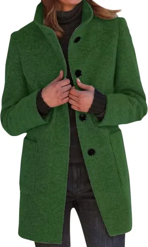 Long Wool Coats Women Thicken Wool Blend Stand Collar Single Breasted Pea Jacket Cute Winter Peacoat