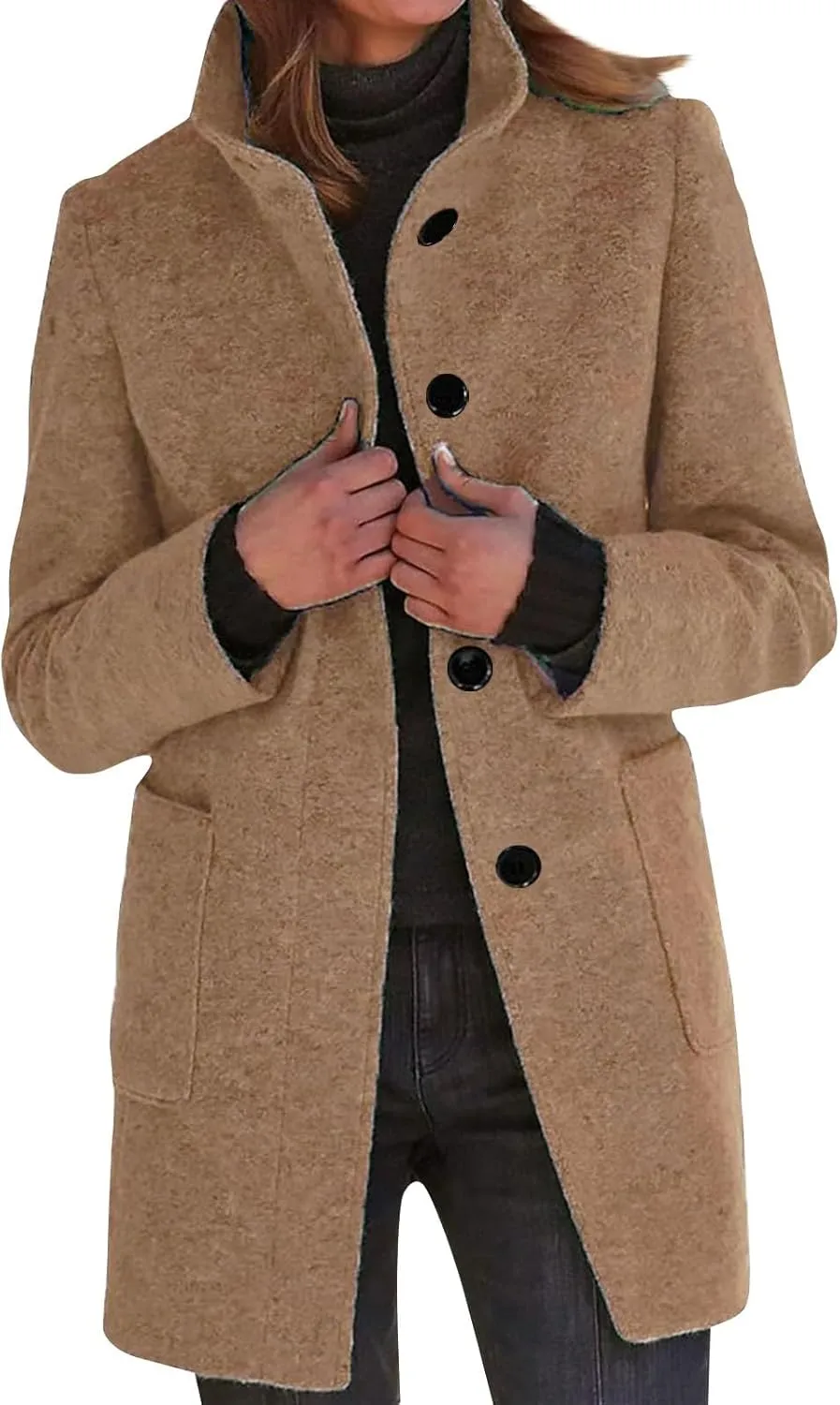 Long Wool Coats Women Thicken Wool Blend Stand Collar Single Breasted Pea Jacket Cute Winter Peacoat