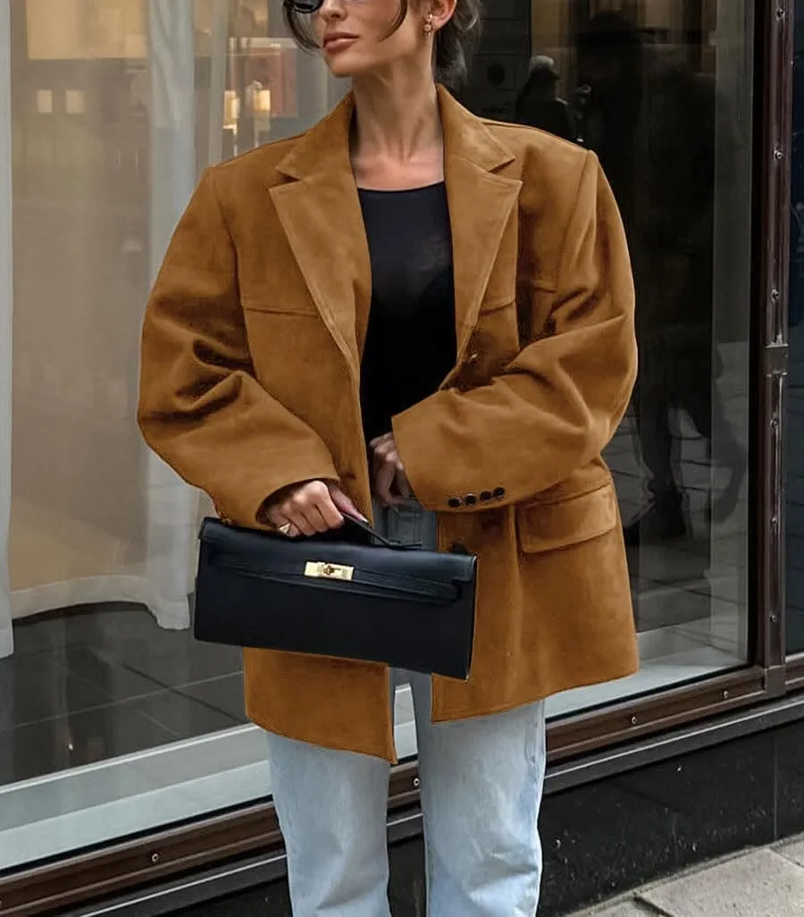loveimgs Women Retro Brown Faux Suede Jacket Leather Blazer Coat Old Money Aesthetic Fall Jacket Bomber Y2k Oversized