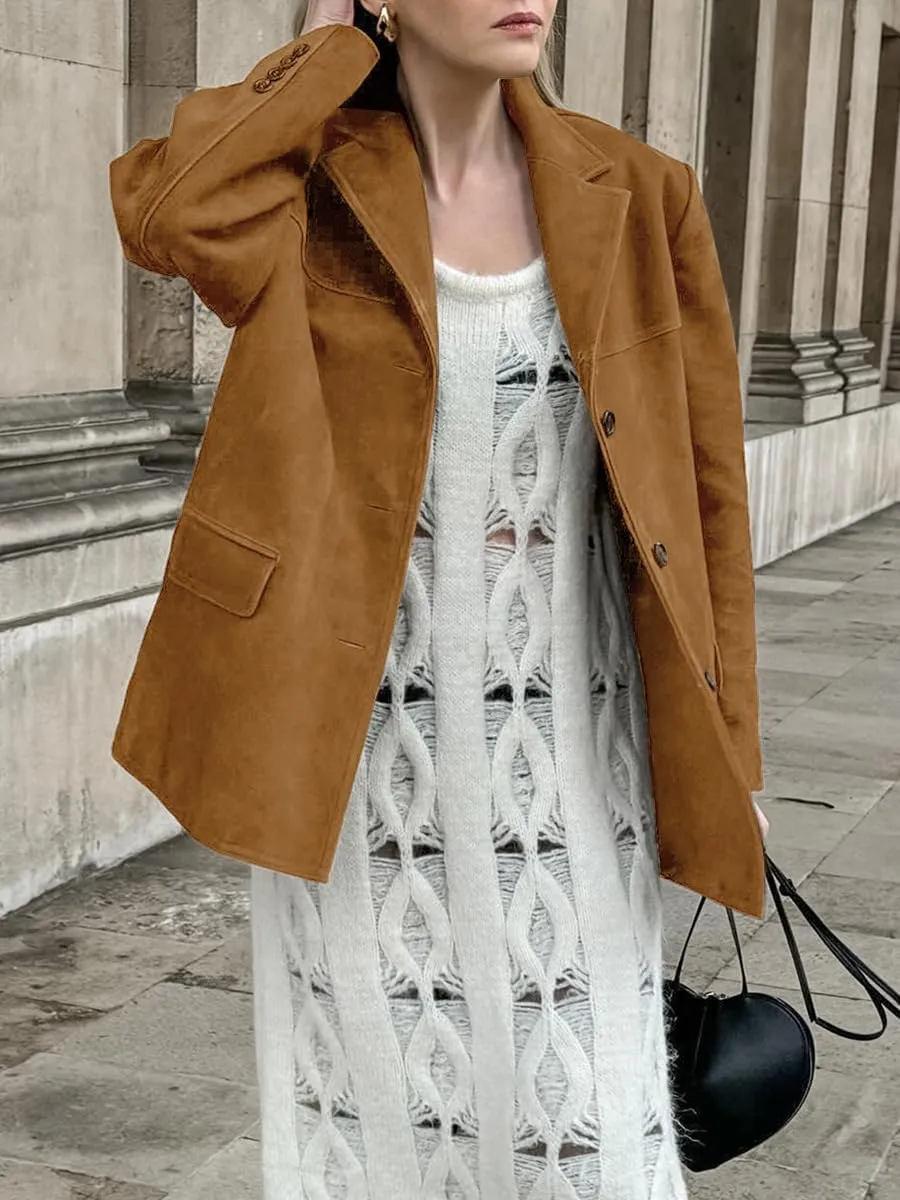 loveimgs Women Retro Brown Faux Suede Jacket Leather Blazer Coat Old Money Aesthetic Fall Jacket Bomber Y2k Oversized
