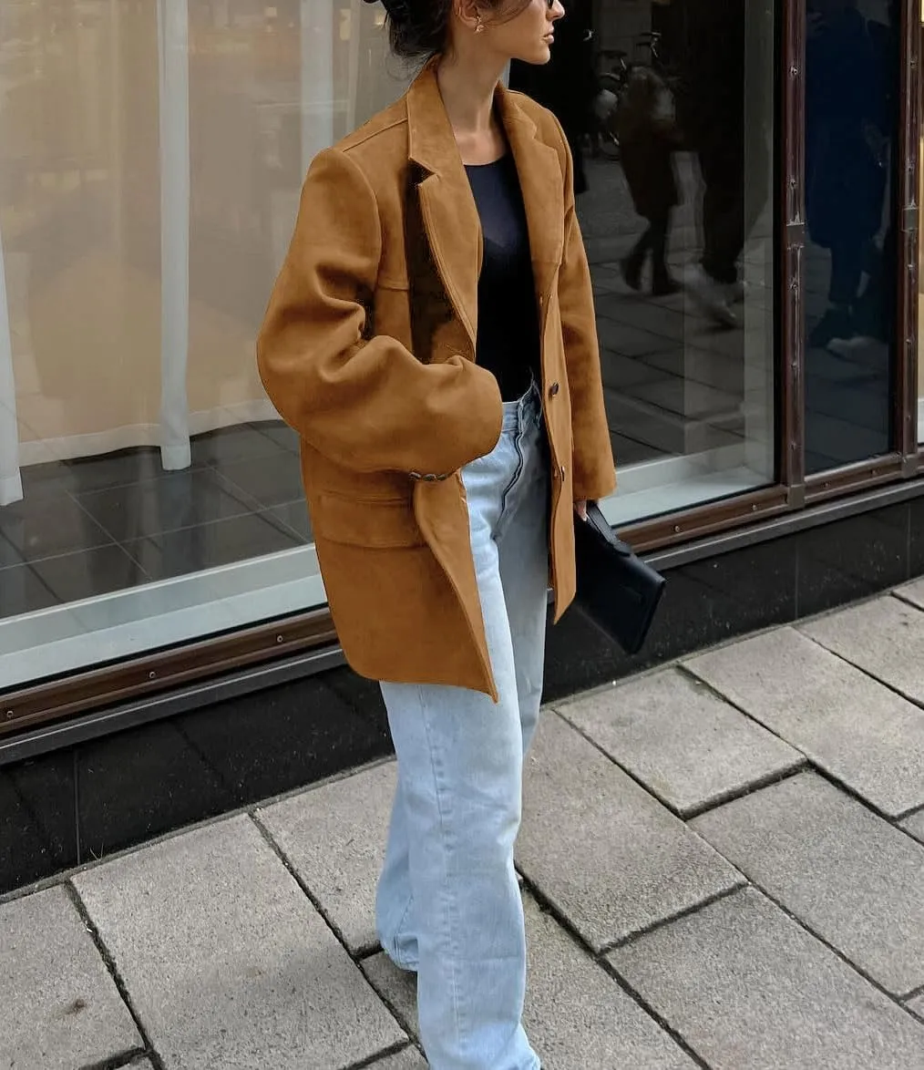 loveimgs Women Retro Brown Faux Suede Jacket Leather Blazer Coat Old Money Aesthetic Fall Jacket Bomber Y2k Oversized