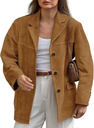 loveimgs Women Retro Brown Faux Suede Jacket Leather Blazer Coat Old Money Aesthetic Fall Jacket Bomber Y2k Oversized