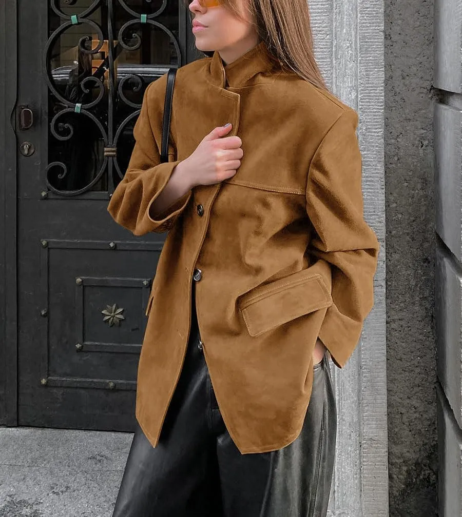 loveimgs Women Retro Brown Faux Suede Jacket Leather Blazer Coat Old Money Aesthetic Fall Jacket Bomber Y2k Oversized