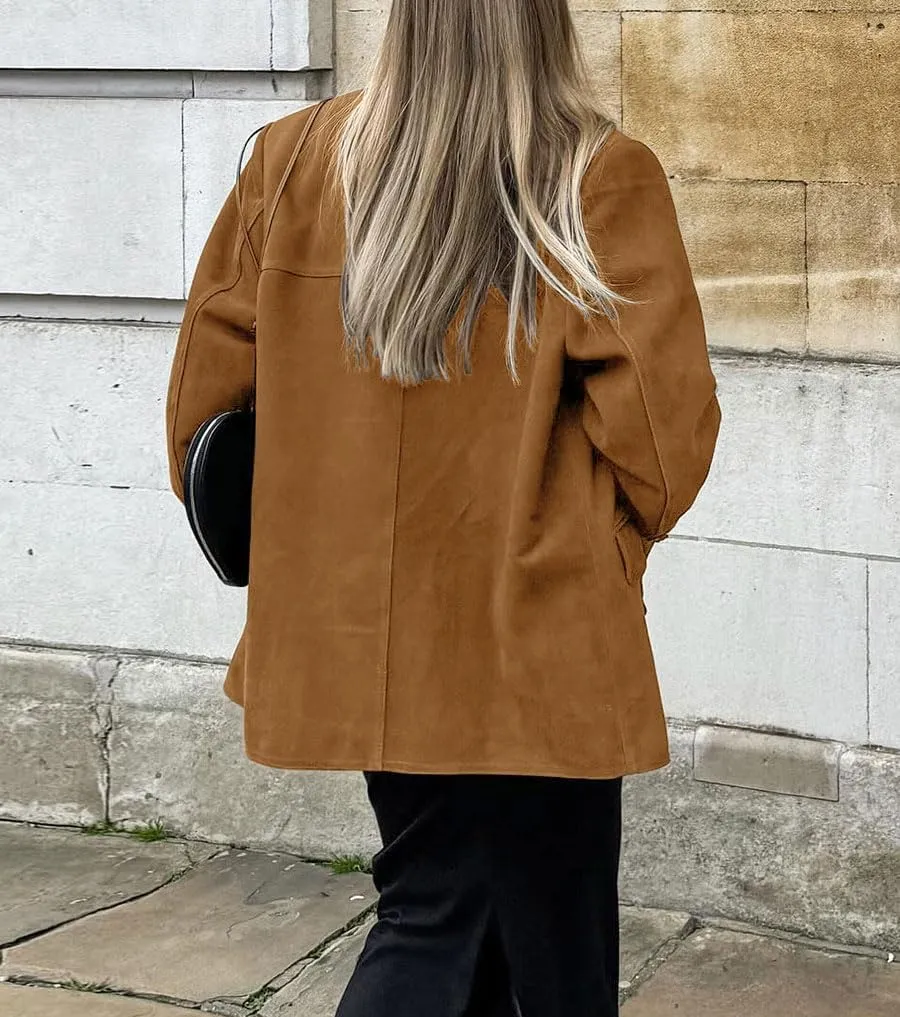 loveimgs Women Retro Brown Faux Suede Jacket Leather Blazer Coat Old Money Aesthetic Fall Jacket Bomber Y2k Oversized
