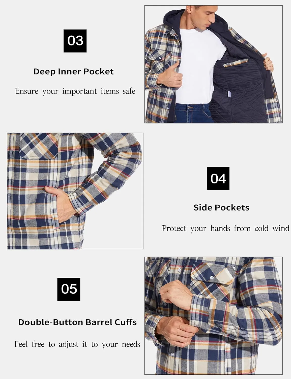 MAGCOMSEN Men's Flannel Jacket with Removable Hood 5 Pockets Quilted Plaid Shirt Jackets Winter Coats Thick Flannel Hoodie