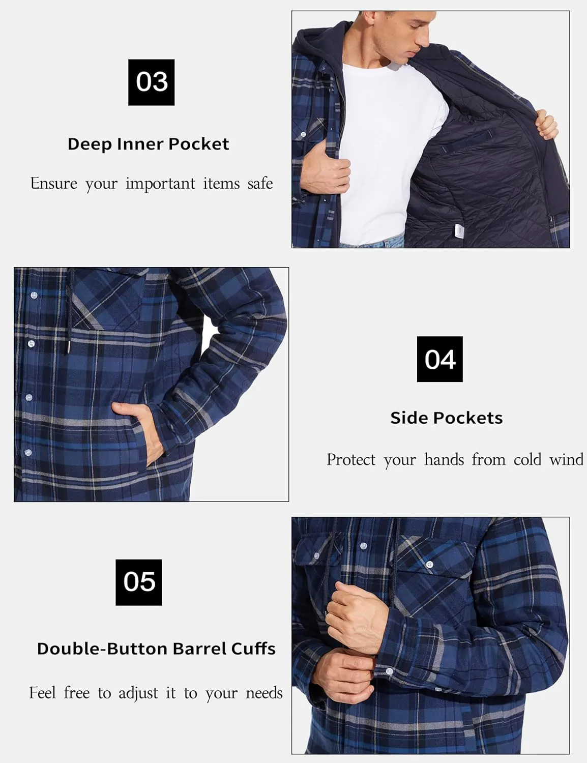 MAGCOMSEN Men's Flannel Jacket with Removable Hood 5 Pockets Quilted Plaid Shirt Jackets Winter Coats Thick Flannel Hoodie