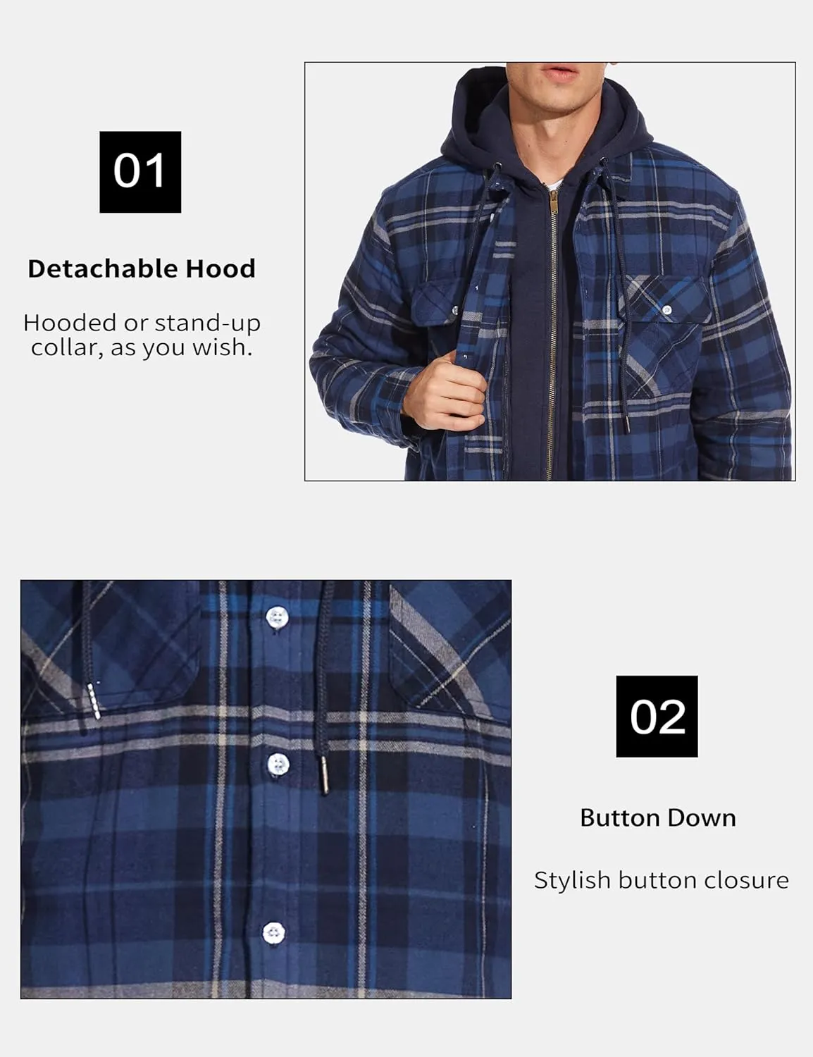 MAGCOMSEN Men's Flannel Jacket with Removable Hood 5 Pockets Quilted Plaid Shirt Jackets Winter Coats Thick Flannel Hoodie
