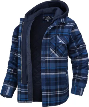 MAGCOMSEN Men's Flannel Jacket with Removable Hood 5 Pockets Quilted Plaid Shirt Jackets Winter Coats Thick Flannel Hoodie