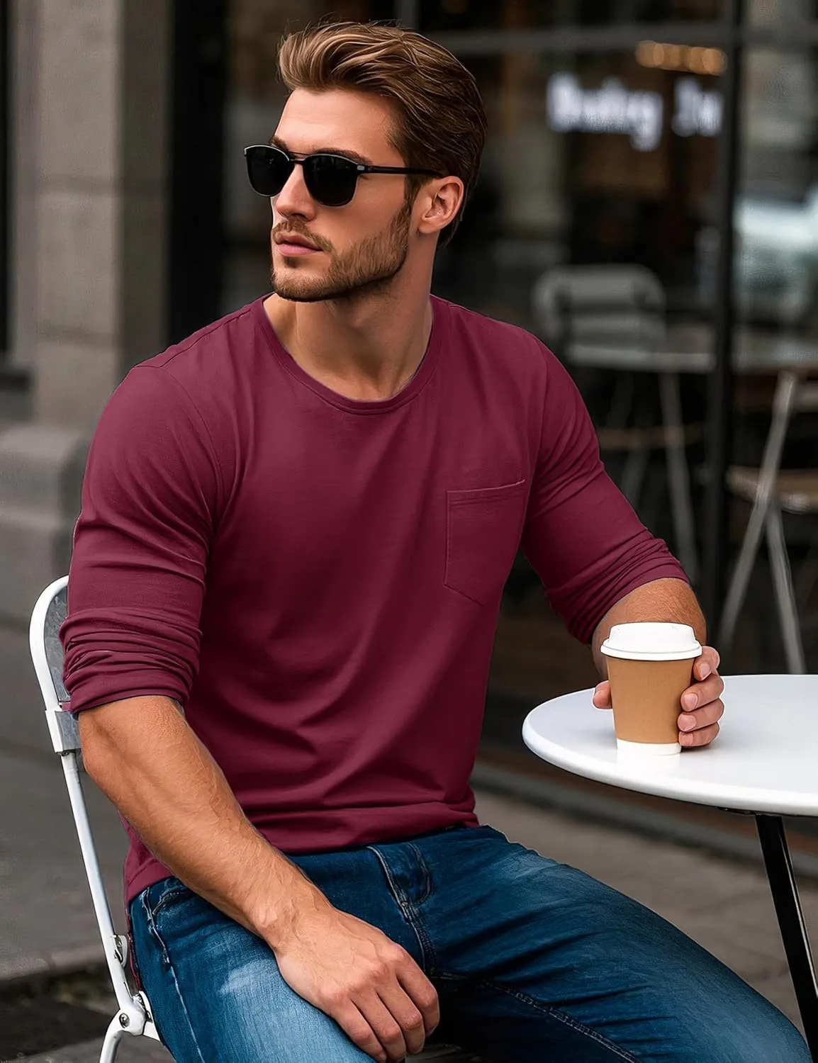 MAGCOMSEN Men's Long Sleeve Shirt with Pocket Cotton Crew Neck Shirts Casual Lightweight T-Shirt
