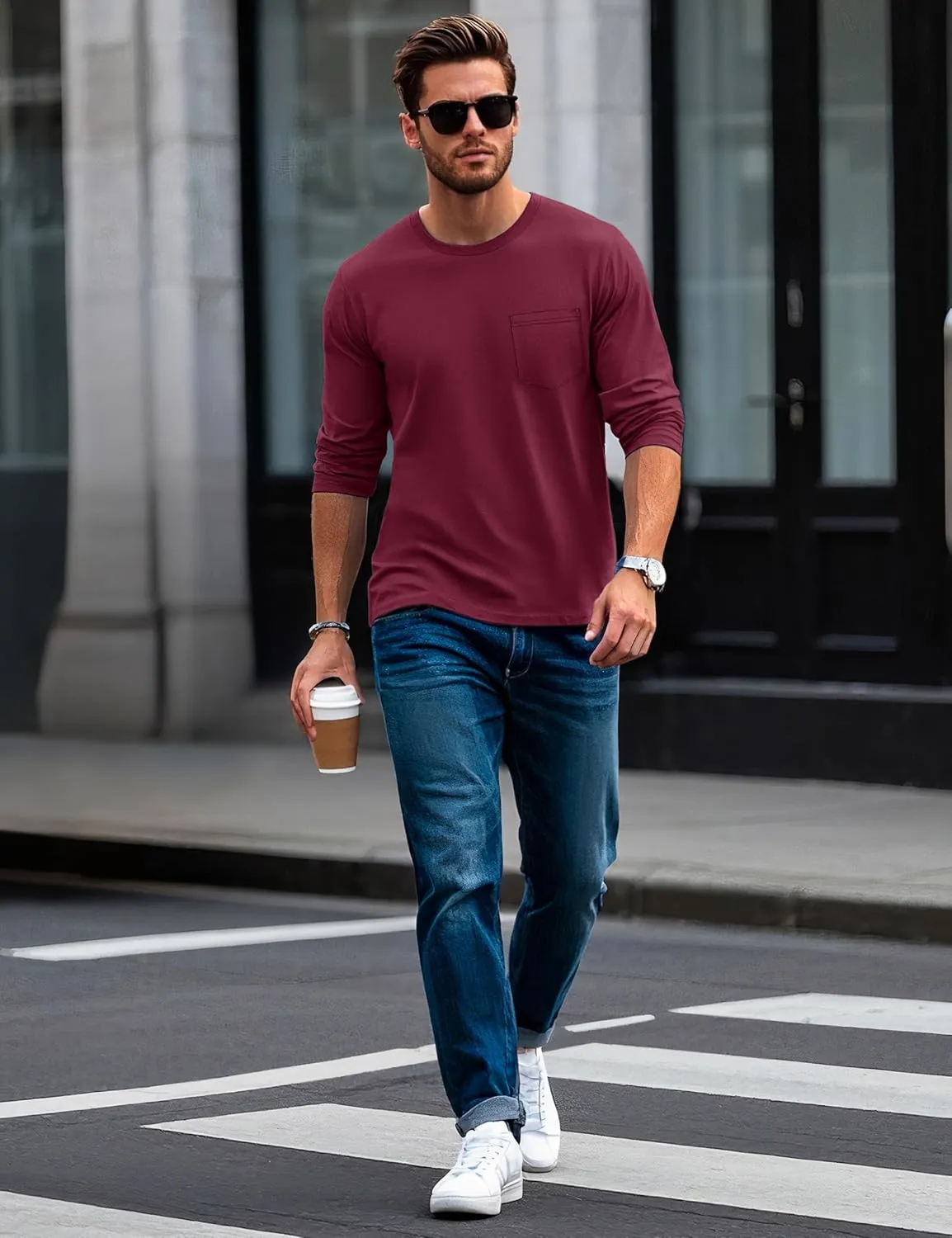 MAGCOMSEN Men's Long Sleeve Shirt with Pocket Cotton Crew Neck Shirts Casual Lightweight T-Shirt