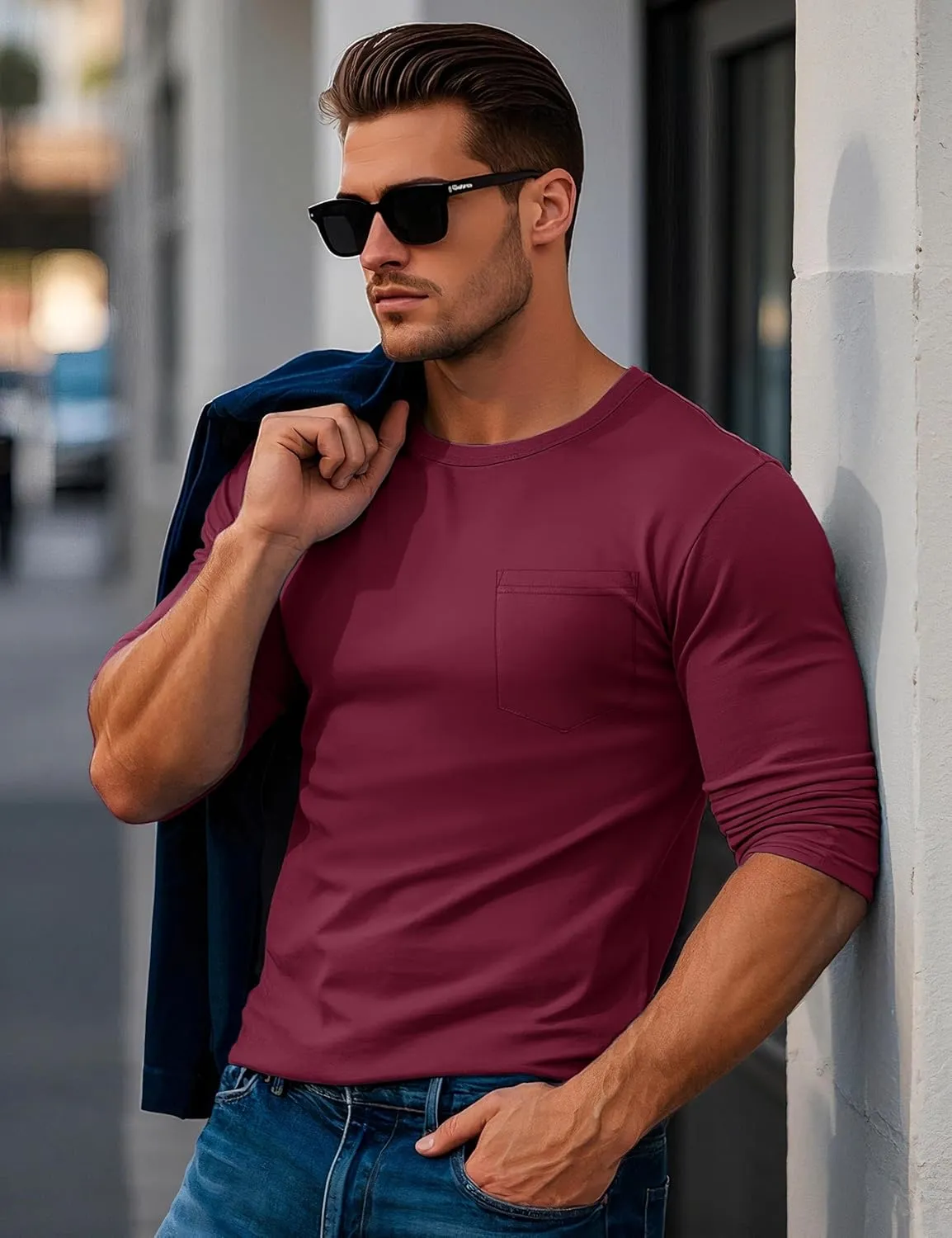 MAGCOMSEN Men's Long Sleeve Shirt with Pocket Cotton Crew Neck Shirts Casual Lightweight T-Shirt