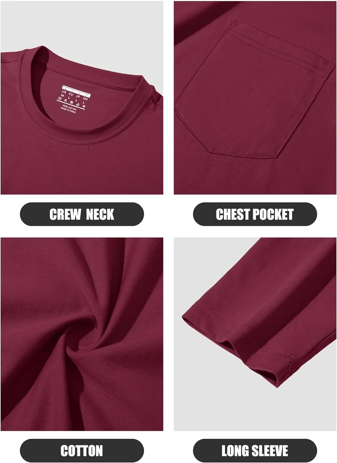 MAGCOMSEN Men's Long Sleeve Shirt with Pocket Cotton Crew Neck Shirts Casual Lightweight T-Shirt