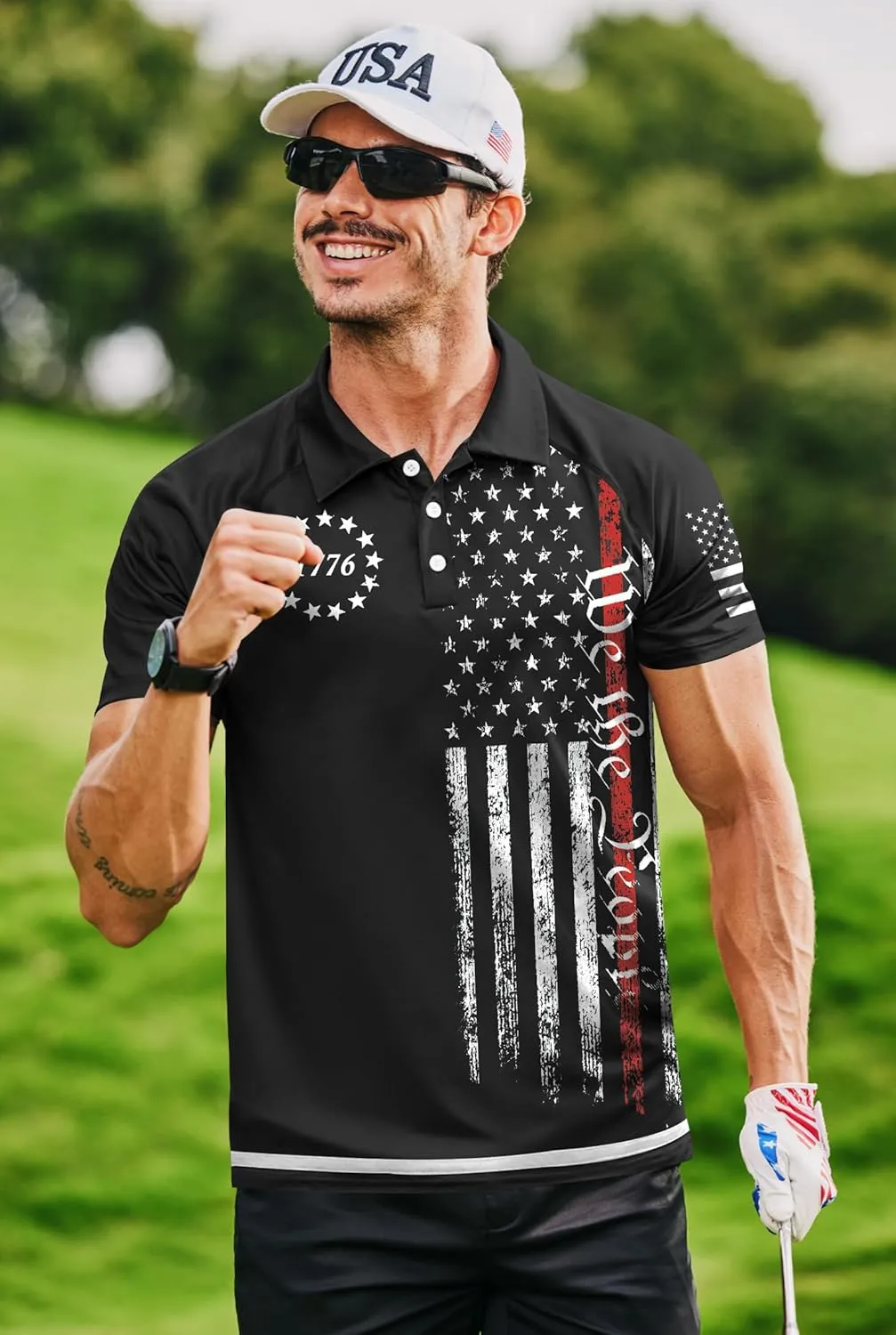 Mainfini Men's Short Sleeve Golf Shirt 1776 USA Flag Graphic Button Polo Shirt (S-3XL)